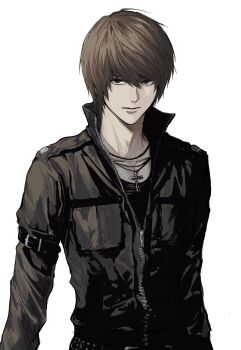 1boy alternate_costume black_eyes brown_hair closed_mouth collarbone cross cross_necklace death_note full-length_zipper highres jacket jewelry long_sleeves male_focus necklace partially_unzipped short_hair simple_background solo sso_s upper_body white_background yagami_light zipper zipper_pull_tab