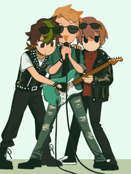 3boys animification bad_boys_(limited_life_smp) belt black_belt black_boots black_eyes black_gloves black_jacket black_pants black_vest blonde_hair blue_shirt boots brown_eyes brown_hair closed_eyes denim eyewear_on_head fingerless_gloves full_body gloves grian_(youtuber) guitar highres holding holding_guitar holding_instrument holding_microphone instrument jacket jeans leather leather_jacket leather_vest limited_life_smp low_ponytail male_focus matching_outfits medium_hair microphone microphone_stand minecraft_youtube mipaihere multicolored_hair multiple_boys music official_alternate_costume open_clothes open_jacket open_mouth pants ponytail red_sweater shirt shoes short_hair short_ponytail singing smallishbeans sneakers solidaritygaming standing streaked_hair sunglasses sweater torn_clothes torn_pants traffic_life_series vest white_shirt