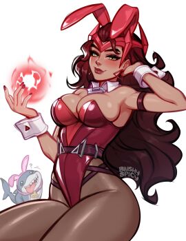 1girl animal_ears animification avengers_(series) blushyspicy breasts brown_hair brown_pantyhose commentary detached_collar english_commentary fake_animal_ears highleg highleg_leotard highres jeff_(marvel) jewelry leotard long_hair looking_at_viewer magic marvel marvel_rivals medium_breasts pantyhose playboy_bunny rabbit_ears scarlet_witch simple_background smile solo strapless strapless_leotard wanda_maximoff wrist_cuffs