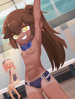 2girls abs absurdres armpits arms_up blush breasts bright_pupils brown_hair cameltoe commission dark-skinned_female dark_nipples dark_skin dutch_angle fang gluteal_fold goggles goggles_around_neck grin hair_between_eyes high_ponytail highres loli long_hair looking_at_another multiple_girls nanachides navel nipples nose_blush one-piece_swimsuit original outstretched_arm pink_hair ponytail red_hair sitting small_breasts small_nipples smile standing stomach stretching swim_cap swim_goggles swimsuit tan tanline toned toned_female topless_female v-shaped_eyebrows very_long_hair white_pupils yellow_eyes