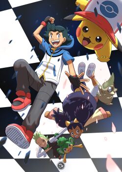 1girl 2boys ash_ketchum axew black_eyes black_gloves black_hair black_vest bow bowtie bright_pupils brown_eyes chessboard cilan_(pokemon) commentary dark-skinned_female dark_skin facial_mark falling fingerless_gloves gen_1_pokemon gen_5_pokemon gloves green_bow green_bowtie green_eyes green_hair grey_pants hair_ornament hat highres iris_(pokemon) long_hair maroon_eyes multiple_boys nintendo open_mouth pansage pants paw_shoes pikachu pokemon pokemon_(anime) pokemon_(creature) pokemon_bw_(anime) ponytail purple_hair sergiromero shoes smile twintails very_long_hair vest white_pants white_pupils zipper
