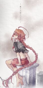 1girl ahoge barefoot braid breasts closed_mouth commentary_request full_body green_eyes hair_between_eyes highres hongcai_rainbow ishura jacket long_hair looking_to_the_side low_ponytail necktie orange_hair ponytail shirt sitting skirt solo stone_pillar torn torn_clothes torn_jacket tu_the_magic white_shirt