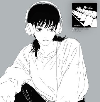 1girl absurdres chainsaw_man closed_mouth greyscale headphones highres low_twintails mitaka_asa monochrome solo sweater the_marias twintails virtuware