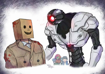 Rule 34 | 1girl, 2boys, armor, artist name, assault visor, bag, bag on head, blood, blood on clothes, chibi, coat, commentary request, creator connection, e.m.m.i. (metroid), emio (famicom tantei club), famicom tantei club, green visor, metroid, metroid dread, multiple boys, nintendo, normal suit (metroid), paper bag, power armor, power suit (metroid), protagonist (famicom tantei club), robot, samus aran, signature, sweatdrop, trench coat, wakaba (wata ridley)