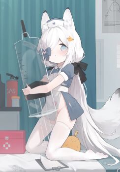 1girl absurdly_long_hair alternate_costume anchor_symbol animal_ear_fluff animal_ears azur_lane bed black_bow blue_bow blue_eyes bow chinese_commentary closed_mouth commentary_request cropped curtains dot_mouth feet fox_ears fox_girl fox_tail hair_bow hair_over_one_eye hat highres holding holding_syringe hospital_bed indoors intravenous_drip kasumi_(azur_lane) kasumi_1118 kneeling large_syringe loli long_hair looking_at_viewer low_twintails manjuu_(azur_lane) no_panties nurse nurse_cap oversized_object soles swept_bangs syringe tail thighhighs toes toolbox twintails very_long_hair white_hair white_thighhighs