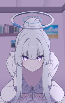 >:) 1girl 1other absurdres alternate_costume alternate_hairstyle blue_archive blunt_bangs breasts breasts_apart closed_mouth commentary downblouse extended_downblouse girl_on_top good_morning_my_brother_(meme) halo hanging_breasts highres indoors large_breasts leaning_forward long_hair long_sleeves looking_at_viewer mechanical_halo meme noa_(blue_archive) noa_(pajamas)_(blue_archive) pajamas parody ponytail pov purple_eyes reia_76 revision scene_reference smile straddling tokidoki_bosotto_roshia-go_de_dereru_tonari_no_alya-san v-shaped_eyebrows white_hair white_pajamas