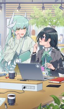 2girls black_hair black_jacket blush book breasts coffee_mug computer cup dragon_girl dragon_horns earrings eyepatch fate/grand_order fate_(series) formal_clothes green_hair green_shirt horns id_card jacket jewelry kiyohime_(fate) kiyohime_(snake_senpais)_(fate) lanyard laptop long_hair long_sleeves medium_breasts mochizuki_chiyome_(fate) mochizuki_chiyome_(snake_senpais)_(fate) mug multiple_girls neck_ribbon noko_morokoshi official_art open_mouth purple_eyes ribbon shirt small_breasts smile suit thighs very_long_hair white_shirt yellow_eyes