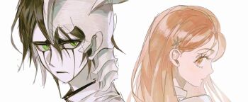 1boy 1girl back-to-back black_hair bleach brown_eyes brown_hair facial_mark frown green_eyes hair_between_eyes hair_ornament half_mask highres inoue_orihime jacket long_hair mask nul parted_bangs short_hair snowflake_hair_ornament ulquiorra_cifer upper_body white_background white_jacket