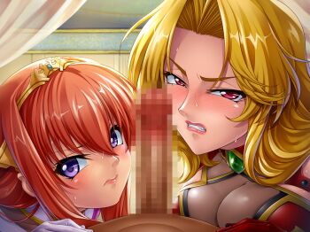 Rule 34 | 1boy, 2girls, alicia viewstream, blonde hair, blush, breast press, breasts, censored, gloves, hair ornament, hetero, jewelry, kagami hirotaka, kangoku senkan, kangoku senkan 2, large breasts, lilith-soft, looking at viewer, maya cordelia, multiple girls, no bra, oral, orange hair, penis, princess, purple eyes, red eyes, see-through clothes, shiny clothes, sideboob, skin tight, sweat, taimanin (series), taimanin asagi kessen arena, tiara