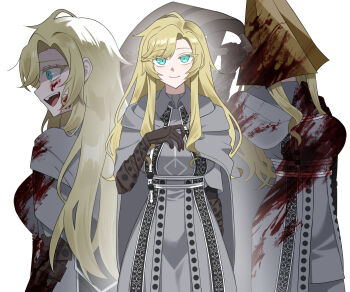 Rule 34 | 1girl, alfred (bloodborne), aqua eyes, blonde hair, blood, blood on clothes, blood on face, bloodborne, brown gloves, closed mouth, commentary request, covered face, dress, genderswap, genderswap (mtf), gloves, grey cloak, grey dress, highres, idzuki kenkyu-in, logarius wheel, long hair, multiple views, open mouth, simple background, smile, white background, wide-eyed