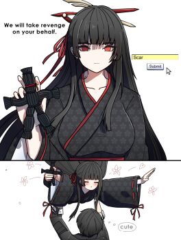 1boy 1girl absurdres alternate_costume black_gloves black_hair black_kimono blunt_bangs breasts chisa_(wuthering_waves) closed_eyes collarbone commentary doll dorahdew english_text gloves hair_ornament hair_ribbon highres holding holding_doll japanese_clothes kimono large_breasts looking_at_viewer male_rover_(wuthering_waves) no_pupils red_eyes red_ribbon ribbon rover_(wuthering_waves) voodoo_doll wuthering_waves