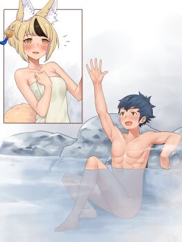1boy 1girl abs absurdres animal_ears bath_towel bathing blonde_hair blue_hair blush commission commissioner_upload fire_emblem fire_emblem_fates fox_ears fox_girl fox_tail hair_ornament highres kiragi_(fire_emblem) nintendo nude onsen orange_eyes raised_arm redkite333 selkie_(fire_emblem) steam tail toned toned_male yellow_eyes