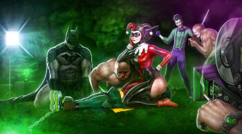 1girl 6+boys ass_cutout asymmetrical_gloves bald batman batman_(series) black_bodysuit black_gloves black_hat black_mask blue_eyes bodysuit boots bound bound_ankles bow bowtie breasts bulge camera cigarette clothing_cutout clown_nose cunnilingus dc_comics dick_grayson domino_mask erection erection_under_clothes eye_mask facepaint femdom glasses gloves green_gloves green_hair green_pants green_shirt grey_bodysuit gun harley_quinn harley_quinn_(classic) hat highres jester_cap jojobanks looking_at_viewer mask medium_breasts mismatched_gloves multicolored_bodysuit multiple_boys oral pants purple_bow purple_bowtie purple_gloves purple_pants red_bodysuit red_boots red_gloves red_hat red_shirt robin_(dc) rope shirt sitting sitting_on_face sitting_on_person skin_tight superhero_costume suspenders the_joker two-tone_bodysuit two-tone_hat weapon