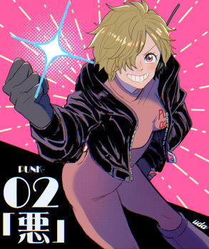 1girl black_jacket blonde_hair bodysuit boots clenched_hand commentary_request cropped_jacket eyelashes gloves hair_over_one_eye hand_on_own_hip hood hooded_jacket jacket leather leather_jacket looking_at_viewer one_piece pink_bodysuit pink_eyes smile solo sparkle udaa_(ahirucook) vegapunk_lilith