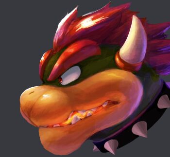 Rule 34 | 1boy, bowser, collar, commentary request, dab ird, fangs, furry, furry male, grey background, head only, highres, horns, looking to the side, male focus, mario (series), nintendo, open mouth, red hair, spiked collar, spikes, upper body