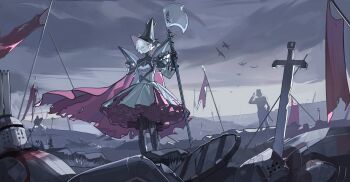 1girl 1other absurdres armor battlefield breastplate cape commission dress flag hair_over_one_eye halberd highres holding holding_polearm holding_weapon knight layered_dress looking_at_viewer ma_someru mountainous_horizon original people pile_of_corpses planted planted_sword planted_weapon polearm red_cape red_eyes short_hair shoulder_armor simple_bird standing sword torn_clothes wavy_hair weapon white_dress white_hair