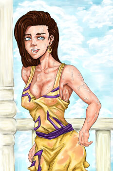1girl armpits battle_tendency blue_eyes blue_sky breasts brown_hair cleavage cloud cloudy_sky collarbone covered_erect_nipples day dress earrings eyelashes highres hot jewelry jojo_no_kimyou_na_bouken lisa_lisa littleginger mature_female open_mouth railing see-through_clothes sky sleeveless small_breasts sweat nervous_sweating sweaty_clothes very_sweaty wet wet_clothes