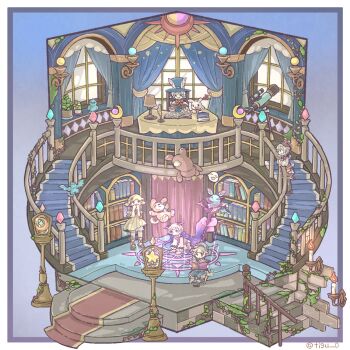 2girls 3boys :d animal blonde_hair blue_eyes blue_hat book bookshelf border candle chigu commentary_request crescent curtains dog floorplan grey_hair hat head_wings heterochromia highres indoors lamp magic_circle multiple_boys multiple_girls open_book open_mouth original outside_border quill rabbit red_eyes short_hair sitting smile stairs standing table telescope twitter_username white_border window wings