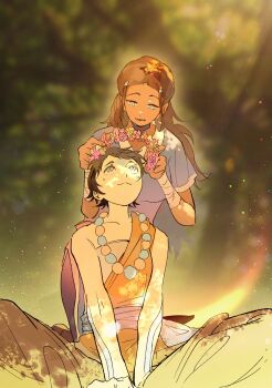 1boy 1girl aang alternate_hairstyle arm_tattoo avatar:_the_last_airbender avatar_legends bandaged_arm bandages bare_shoulders behind_another black_hair blue_eyes blue_pants blue_shirt blurry blurry_background brown_hair chinese_clothes chinese_commentary closed_mouth collarbone couple curly_hair dark-skinned_female dark_skin facial_tattoo flower head_wreath hetero highres holding holding_head_wreath katara kneeling leaning_forward light_particles long_hair looking_at_another looking_down looking_up lower_teeth_only open_mouth outdoors pants sash shirt short_hair short_sleeves sidelocks sitting sleeveless smug sunlight tattoo teeth wingger