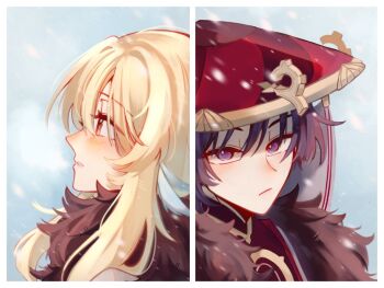 1boy 1girl alphastroo alternate_costume black_kimono blonde_hair blue_feathers blunt_ends blush choppy_bangs closed_mouth eyeliner eyeshadow feather_hair_ornament feathers fur_collar genshin_impact gold grey_veil hair_ornament hat japanese_clothes jewelry jingasa juban kimono looking_at_viewer looking_to_the_side lumine_(genshin_impact) makeup neck_ring open_mouth purple_hair red_eyeliner red_eyeshadow red_hat red_kimono scaramouche_(genshin_impact) short_hair short_hair_with_long_locks sidelocks sideways_mouth snowing split_screen tsurime veil white_kimono white_mouth yellow_eyes