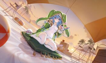 1girl absurdres animal_hood artist_request azur_lane beach blue_eyes blue_hair blush breasts closed_mouth covered_navel date_a_live full_body hair_between_eyes highres himekawa_yoshino himekawa_yoshino_(secret_base) himekawa_yoshino_(spirit) hood hood_up long_hair long_sleeves looking_at_viewer non-web_source official_alternate_costume official_art one-piece_swimsuit outdoors palm_tree pom_pom_(clothes) seiza sitting small_breasts solo sunset swimsuit thighhighs tree white_one-piece_swimsuit white_thighhighs yoshinon
