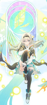 1girl absurdres arm_around_leg black_hairband black_thighhighs bloomers bridal_gauntlets closed_mouth firefly_(honkai:_star_rail) grey_hair hair_between_eyes hair_ornament hairband highres holding honkai:_star_rail honkai_(series) long_hair long_sleeves looking_at_viewer milixian necktie orange_necktie pink_eyes sitting solo stained_glass thighhighs underwear