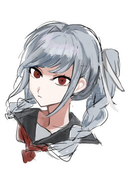 Rule 34 | 1girl, a-ru (r dngn), black sailor collar, braid, closed mouth, commentary request, danganronpa (series), danganronpa 2: goodbye despair, frown, grey hair, long hair, looking at viewer, neckerchief, no eyewear, pekoyama peko, red eyes, red neckerchief, sailor collar, simple background, solo, twin braids, twintails, white background