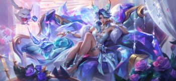 1girl ahri_(league_of_legends) animal_ears blue_flower blue_hair blue_rose breasts cleavage coach couch crystal_rose crystal_rose_ahri flower highres large_breasts league_of_legends league_of_legends:_wild_rift looking_at_viewer on_couch poro_(league_of_legends) rose solo spideraxe thigh_strap