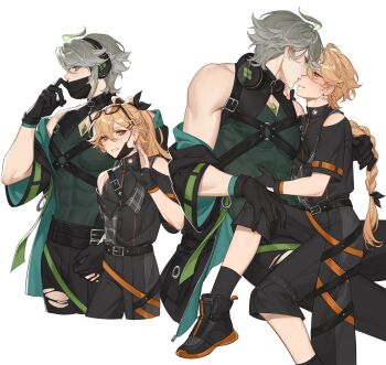 2boys absurdres aether_(genshin_impact) alhaitham_(genshin_impact) androgynous blonde_hair crop_top earrings english_text genshin_impact glasses height_difference highres holding imminent_kiss jewelry male_focus mask multiple_boys multiple_others muscular muscular_male ponytail sitting sitting_on_lap sitting_on_person suspicious_dish torn_clothes trap waving yaoi