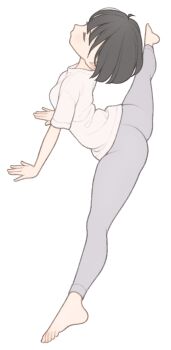 1girl 1ssakawaguchi absurdres ahoge arched_back arm_support ass barefoot breasts brown_hair closed_eyes closed_mouth feet full_body grey_leggings highres ichika_(1ssakawaguchi) leggings original shirt short_hair short_sleeves simple_background small_breasts solo split spread_legs toes white_background white_shirt