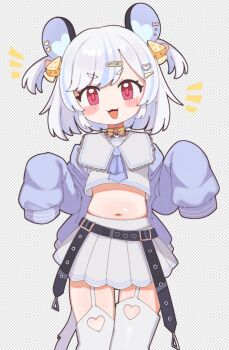 1girl :3 :d animal_ears batrobin_k belt blue_hair blush blush_stickers choker clothing_cutout commentary crop_top cropped_shirt earrings english_commentary food-themed_hair_ornament garter_straps hair_ornament hairclip halftone halftone_background heart heart_earrings heart_hair_ornament highres indie_virtual_youtuber jacket jewelry long_sleeves looking_at_viewer midriff miniskirt mouse_ears mouse_tail multicolored_hair navel nemimi_yane open_clothes open_jacket open_mouth pink_eyes pleated_skirt purple_jacket red_eyes sailor_collar shirt short_hair skirt sleeves_past_fingers sleeves_past_wrists smile solo streaked_hair tail thighhighs two_side_up virtual_youtuber white_hair white_sailor_collar white_skirt white_thighhighs zettai_ryouiki