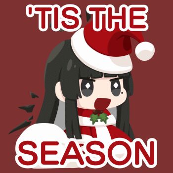 1girl :d animated animated_gif arknights black_eyes black_hair black_halo black_wings capelet coat commentary detached_wings english_text fur-trimmed_capelet fur-trimmed_coat fur-trimmed_headwear fur_trim gribberoni halo hat holly meme mole mole_under_eye open_mouth padoru_(meme) pom_pom_(clothes) red_background red_capelet red_coat red_hat santa_capelet santa_costume santa_hat simple_background smile solo spinning virtuosa_(arknights) wings