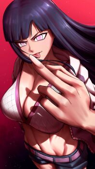 absurdres belt black_hair blue_shorts blunt_bangs breasts cleavage fishnet_top fishnets highres hyuuga_hinata long_hair looking_at_viewer middle_finger midriff naruto:_road_to_ninja naruto_(series) naruto_shippuuden no_pupils pink_eyes purple_belt shirt short_shorts shorts tettora tongue tongue_out white_shirt