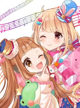 Rule 34 | 2girls, ;), ;d, animal ears, beamed eighth notes, blonde hair, blue hat, blush, bow, brown eyes, brown hair, candy hair ornament, closed mouth, commentary request, eighth note, elbow gloves, fake animal ears, feathers, fingerless gloves, food-themed hair ornament, futaba anzu, gloves, hair bow, hair ornament, hat, hat bow, hat feather, ichihara nina, idolmaster, idolmaster cinderella girls, idolmaster cinderella girls starlight stage, long hair, looking at viewer, low twintails, mini hat, mini top hat, multiple girls, musical note, one eye closed, open mouth, pink feathers, quarter note, rabbit ears, rino cnc, side ponytail, smile, striped bow, striped clothes, striped gloves, stuffed animal, stuffed rabbit, stuffed toy, tilted headwear, top hat, twintails, very long hair, white background