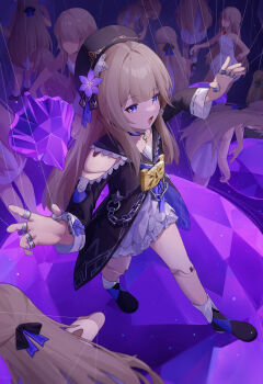 1girl absurdres black_shoes brown_hair chain choker doll_joints hat herta_(puppet)_(honkai:_star_rail) highres honkai:_star_rail honkai_(series) joints lock puppet puppet_strings purple_eyes shoes wood_cube