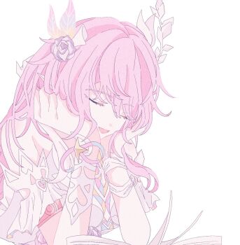 asadane12 closed_eyes commentary_request cyrene_(honkai:_star_rail) cyrene_(ripples_of_past_reverie)_(honkai:_star_rail) dress flower hair_flower hair_ornament highres honkai:_star_rail honkai_(series) long_hair official_alternate_costume open_mouth pink_hair pointy_ears purple_flower purple_rose rose simple_background upper_body very_long_hair white_background white_dress