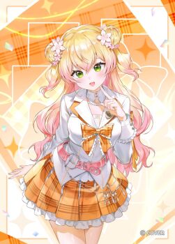 1girl blonde_hair collar commentary_request copyright_notice cowboy_shot crossed_bangs detached_collar double_bun gradient_hair hair_bun hololive index_finger_raised misa_(misonyeo_s2) momosuzu_nene multicolored_hair official_art orange_background orange_skirt pink_hair shirt skirt standing virtual_youtuber white_collar white_shirt