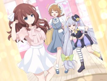 3girls :3 :d ahoge assault_lily asymmetrical_legwear bag beret black_bow black_hat black_shorts black_vest blue_bow blue_eyes blurry blurry_background bobby_socks bow bowtie braid braided_ponytail breasts brown_hair closed_eyes closed_mouth commentary_request commission crop_top curtains dress flower frilled_shirt frills futagawa_fumi green_bow grey_dress grey_hair grey_shoes hair_bow hair_ribbon half-closed_eyes hand_on_own_chin hand_on_own_hip handbag hands_up hat hat_bow hat_flower hat_ribbon high-waist_skirt highres indoors kaede_johan_nouvel kneehighs leaning_forward long_hair looking_at_another looking_at_viewer mary_janes medium_breasts midriff mini_hat mini_top_hat miniskirt miriam_hildegard_von_gropius multiple_girls navel neckerchief notice_lines official_alternate_costume open_mouth piatin pinafore_dress pink_bow pink_bowtie pink_shirt puffy_short_sleeves puffy_shorts puffy_sleeves purple_eyes purple_ribbon purple_shorts raised_eyebrows ribbon shirt shoes shopping_bag short_sleeves shorts shoulder_bag sidelocks single_braid skeb_commission skirt sleeveless sleeveless_dress smile socks standing striped_clothes striped_thighhighs thighhighs tilted_headwear top_hat two-tone_shorts uneven_legwear very_long_hair vest wavy_hair white_ribbon white_shirt white_shoes white_skirt white_thighhighs wrist_cuffs yellow_flower yellow_neckerchief yellow_socks