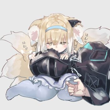 1girl 1other absurdres animal_ear_fluff animal_ears arknights biting biting_ear blonde_hair blue_hairband commentary_request doctor_(arknights) fox_ears fox_girl fox_tail green_eyes grey_background grey_pantyhose hairband hands_on_another&#039;s_head highres infection_monitor_(arknights) kilabo kitsune kyuubi lap_pillow lying multicolored_hair multiple_tails no_shoes on_side pantyhose simple_background sitting suzuran_(arknights) tail trembling
