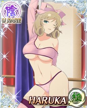 1girl arm_behind_back arm_up border bow breasts brown_hair card_(medium) character_name cropped_shirt curled_ends game_cg green_eyes groin hair_bow haruka_(senran_kagura) head_tilt holding holding_pole large_breasts looking_at_viewer medium_hair navel official_art one_eye_closed open_mouth panties parted_lips pink_bow pink_panties pink_shirt pole pole_dancing senran_kagura senran_kagura_new_wave shirt skindentation smile solo stripper_pole swept_bangs third-party_source underboob underwear