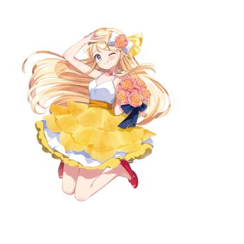 Rule 34 | 1girl, ;q, blonde hair, bouquet, collarbone, flower, full body, hair flower, hair ornament, hairclip, hara yui, high heels, highres, holding, holding bouquet, jumping, kin-iro mosaic, kujou karen, long hair, looking at viewer, no socks, official alternate costume, official alternate hairstyle, official art, one eye closed, orange flower, purple eyes, red shoes, shoes, simple background, solo, tongue, tongue out, transparent background, v, v over head, x hair ornament