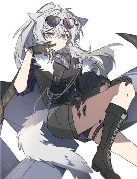 1girl animal_ears arknights black_boots black_jacket boots eyewear_on_head green_necktie grey_hair grey_shorts highres jacket lappland_(arknights) looking_at_viewer necktie purple_shirt scar scar_on_face seri_(vyrlw) shirt short_shorts shorts simple_background solo sunglasses tail thighs white_background wolf_ears wolf_girl wolf_tail