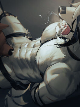 1boy abs absurdres arms_behind_back bara bound bound_arms bow chinese_commentary commentary_request fangs fellatio furry furry_male furry_with_furry highres male_focus muscular muscular_male navel nipples open_mouth oral pectorals saliva shibari tail tail_bow tail_ornament tongue tongue_out toothlee von_lycaon wolf_boy wolf_tail zenless_zone_zero