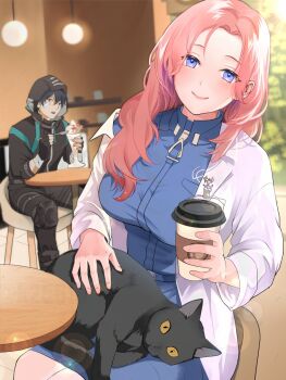 1boy 1girl black_jacket blue_eyes blue_hair blue_shirt breasts cafe cat chaos_zero_nightmare coat crouton256 cup eating elaine_(chaos_zero_nightmare) flaming_eye gun heterochromia highres holding holding_cup holding_spoon hood hooded_jacket jacket luke_(chaos_zero_nightmare) pink_hair shirt short_hair sitting smile spoon weapon white_coat