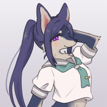 1girl absurdres animal_ears animal_nose arm_up blue_fur blue_hair body_fur closed_mouth cropped_shirt fox_ears fox_girl furrification furry furry_female green_neckerchief grey_background grey_fur grey_sailor_collar highres light_blush long_hair looking_at_viewer love_live! love_live!_sunshine!! matsuura_kanan neckerchief o_to_mo ponytail purple_eyes sailor_collar school_uniform serafuku shirt short_sleeves smile snout solo two-tone_fur upper_body uranohoshi_school_uniform white_shirt