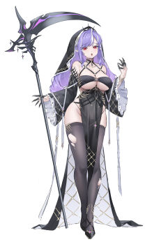 1girl :o absurdres alternate_breast_size_(larger) alternate_costume bare_shoulders black_dress black_panties black_shoes black_thighhighs black_veil breasts collarbone commentary dress english_commentary full_body halloween_costume hand_up highres holding holding_scythe large_breasts long_hair long_sleeves looking_at_viewer multicolored_hair open_mouth panties pelvic_curtain purple_hair red_eyes scythe shoes simple_background solo streaked_hair thighhighs thighs torn_clothes torn_thighhighs underboob underwear veil vivian_banshee white_background yinghuahua zenless_zone_zero