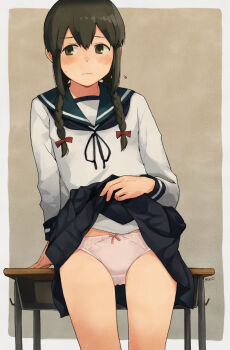 1girl black_skirt blue_sailor_collar blush bow bow_panties braid brown_eyes brown_hair clothes_lift commentary desk flying_sweatdrops hair_between_eyes highres isonami_(kancolle) kantai_collection lifting_own_clothes long_hair long_sleeves looking_to_the_side makio_(makiomeigenbot) panties pink_panties red_bow sailor_collar school_desk school_uniform serafuku signature simple_background skirt skirt_lift solo sweat symbol-only_commentary twin_braids underwear