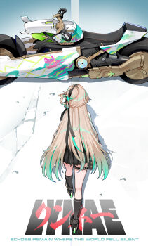 1girl absurdres akira_(manga) black_ribbon black_shoes black_skirt black_socks blonde_hair braid character_name colored_tips commentary english_text foxyreine from_behind hair_ornament hair_ribbon highres long_hair lynae_(wuthering_waves) motor_vehicle motorcycle multicolored_hair parody poster_parody ribbon shoes skirt socks solo tacet_mark_(wuthering_waves) wuthering_waves