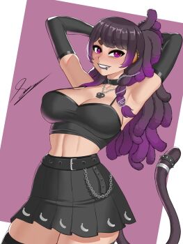 1girl alternate_costume alternate_eye_color alternate_hairstyle animal_ears arms_behind_head bananajuju belt black_belt black_gloves black_hair black_shirt black_skirt black_tail crop_top dreadlocks elbow_gloves face_piercing gloves goth_fashion gradient_hair highres indie_virtual_youtuber jewelry lip_piercing lip_ring long_hair looking_at_viewer lumpystilskin52 monkey_ears monkey_girl monkey_tail multicolored_hair necklace piercing purple_eyes purple_hair shirt signature skirt sleeveless sleeveless_shirt solo tail tail_ornament tail_ring two-tone_hair virtual_youtuber