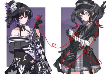 2girls absurdres ammunition_pouch bandaged_arm bandages bare_shoulders black_choker black_gloves black_hair black_hat black_jacket black_kimono black_ribbon bound bound_wrists breasts butterfly_hair_ornament butterfly_hat_ornament checkered_sleeves choker cleavage closed_mouth commentary_request dress flower gloves grey_dress grey_eyes gun hair_ornament hand_up hat hat_flower hat_ornament heart heart_of_string highres housho_margo index_finger_raised jacket japanese_clothes kimono kurobe_nanoka lolita_fashion long_hair long_sleeves looking_at_another mahou_shoujo_no_majo_saiban mini_hat mini_top_hat multiple_girls neck_ribbon noir_(noire6959) own_hands_together parted_bangs pouch purple_eyes ribbon rifle short_hair smile standing string string_of_fate sweatdrop top_hat twintails wa_lolita weapon